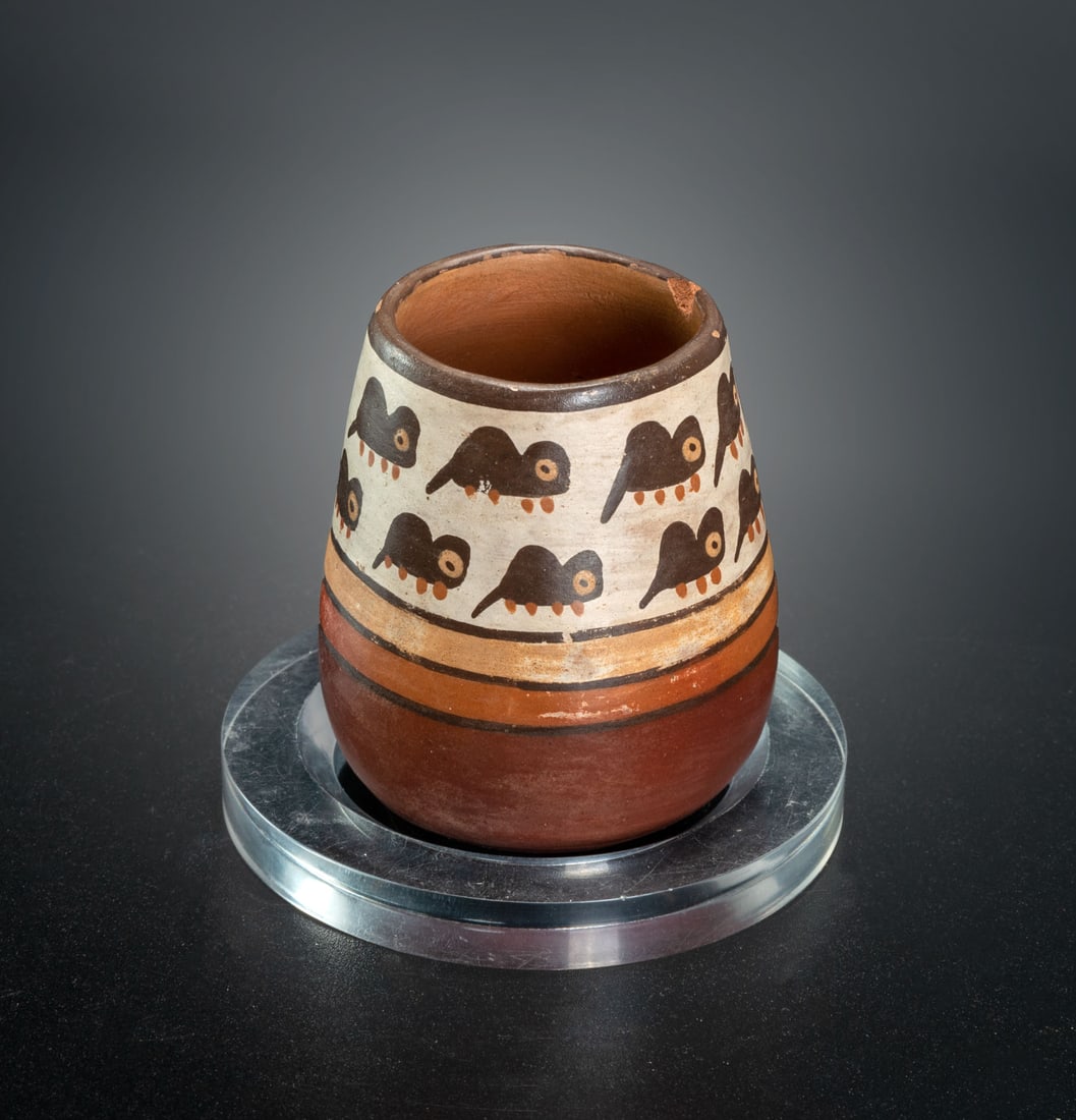 A Bowl Decorated with Zoomorphic Motifs, Early Nasca, Peru, 1-200 CE: A Bowl Decorated with Zoomorphic Motifs, Early Nasca, Peru, 1-200 CE Height: 7.5 cm Provenance: Jean Pierre Cottier and Fiorella Cottier-Angeli, Geneva, Switzerland. Purchased by Yossef Maiman between