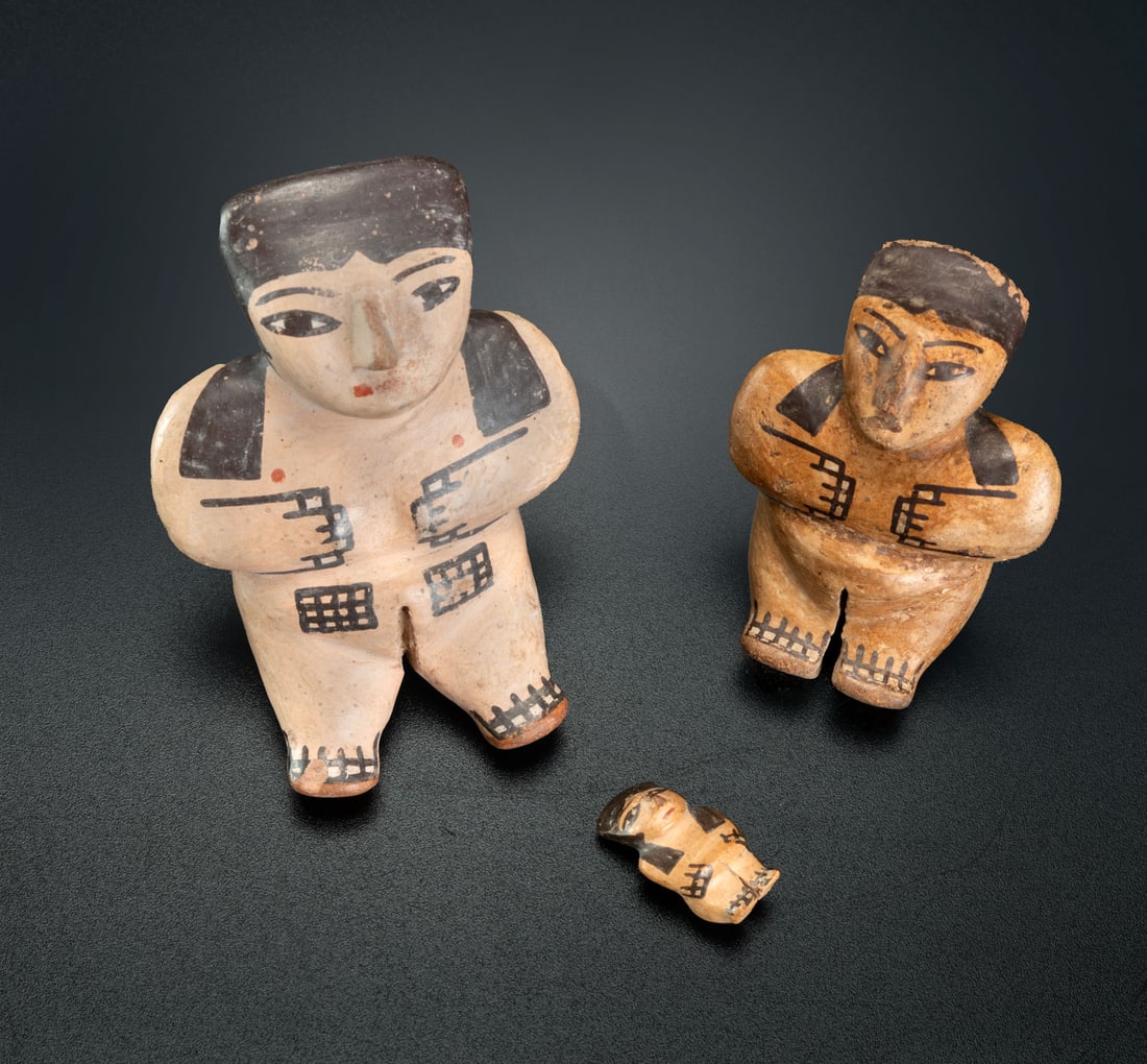 Three Naked Miniature Female Figurines, Early Nasca, Peru, 1-200 CE: Three Naked Miniature Female Figurines, Early Nasca, Peru, 1-200 CE Height between: 1.9 - 6.5 cm Provenance: Jean Pierre Cottier and Fiorella Cottier-Angeli, Geneva, Switzerland. Purchased by Yossef M