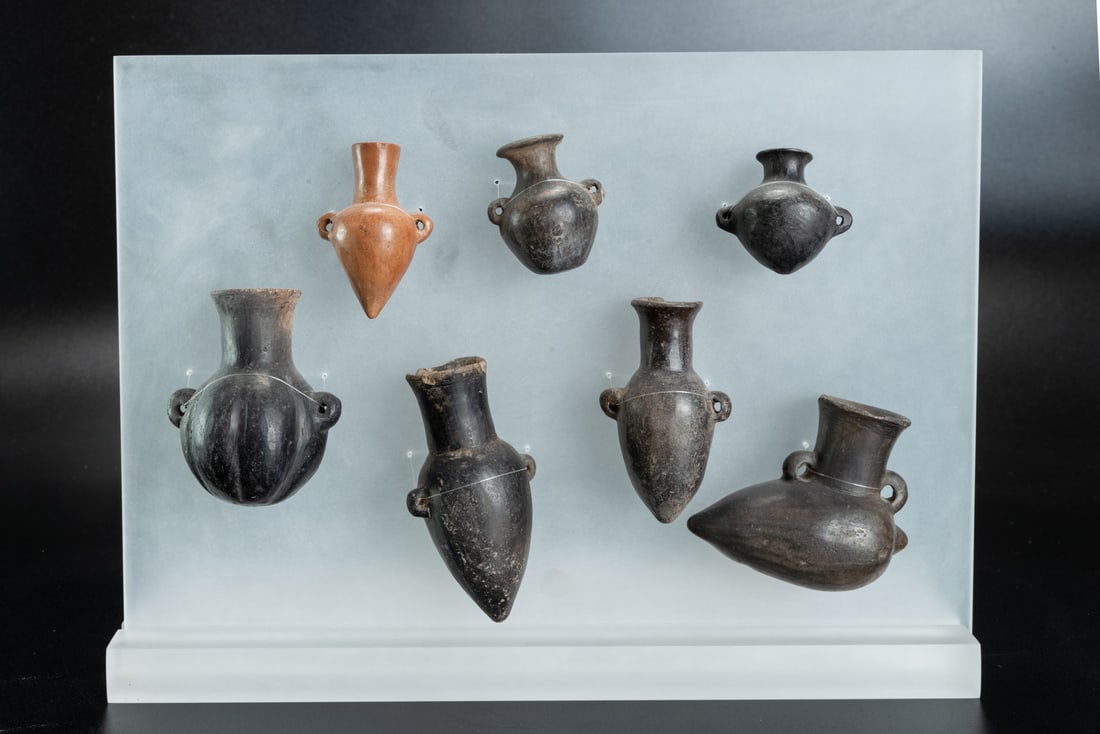 Seven Handled and Spouted Minuature Jars with Conocal Body and Flaring Rim, Chimu, Peru, 1100-1550: Seven Handled and Spouted Minuature Jars with Conocal Body and Flaring Rim, Chimu, Peru, 1100-1550 CE Height between: 4.2 - 9 cm Provenance: Jean Pierre Cottier and Fiorella Cottier-Angeli, Geneva, Sw