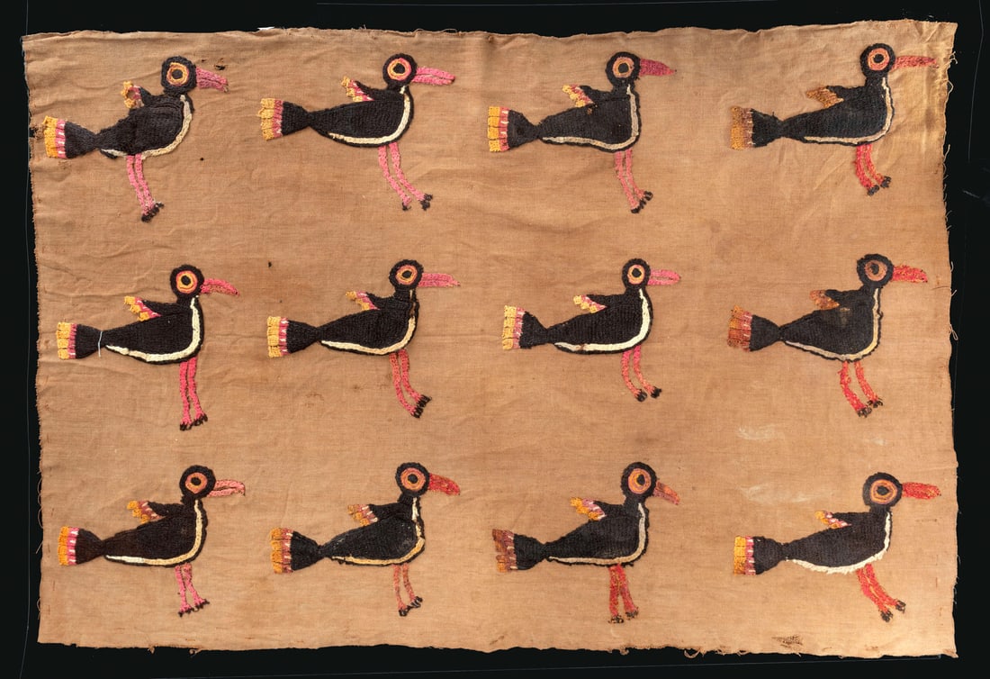 A Mantle with Birds Applique, Peru, Prob. Late Intermediate Period, 900-1475 CE: A Mantle with Birds Applique, Peru, Prob. Late Intermediate Period, 900-1475 CE Chancay Style Beige Cotton with multicolored embroidered camelid fiber. 99 x 71 cm Literature: Amano, Yoshita