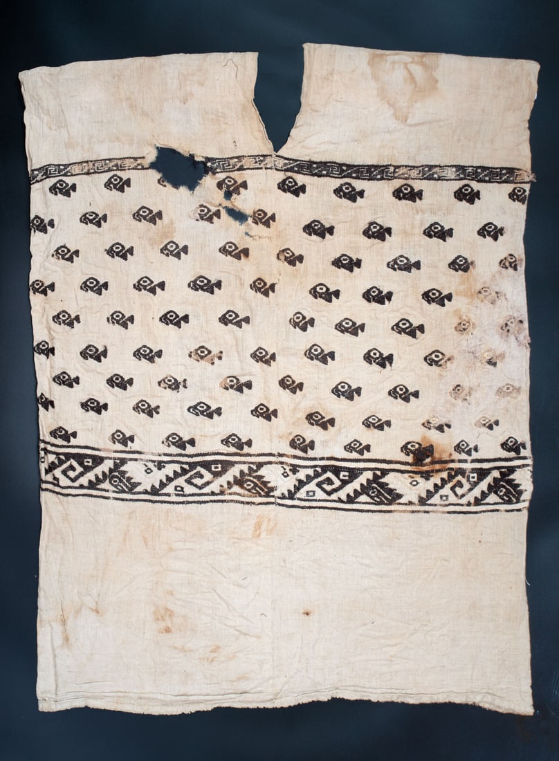 A White Shirt (Unku) with Bird Fret and Double Spiral Motifs, South Coast, Peru, Late Horizon, (1 of 3)