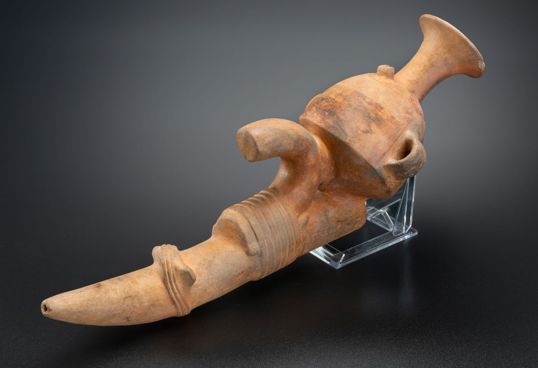 A Paccha Effigy Vessel in the Shape of a Foot Plough with a Spouted Urn Attached to It, Inca, Peru, (1 of 4)