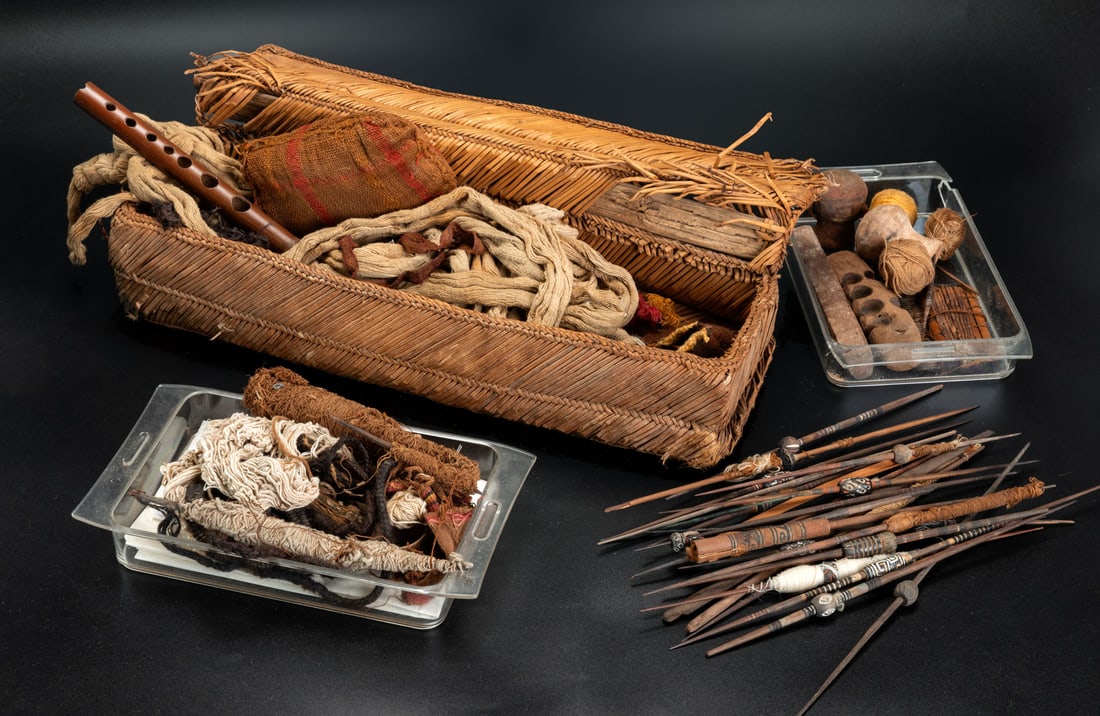 A Workbasket, Central Coast , Prob. Ancon, Chancay-Inca, 1350-1530 CE: A Workbasket, Central Coast , Prob. Ancon, Chancay-Inca, 1350-1530 CE Wicker basket including: 1. 22 wooden spindles - some decorated with painted hardstones, some metal (most broken) pi