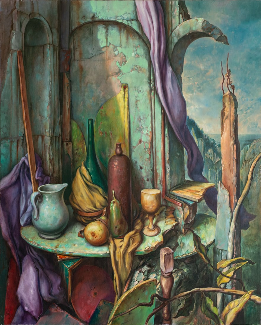 Samuel Bak, Still Life with Primordial Blues: Samuel Bak, Still Life with Primordial Blues Oil on canvas 1988 Signed and dated 88 (lower left). 100 x 82 cm Provenance: Private collection, Israel.