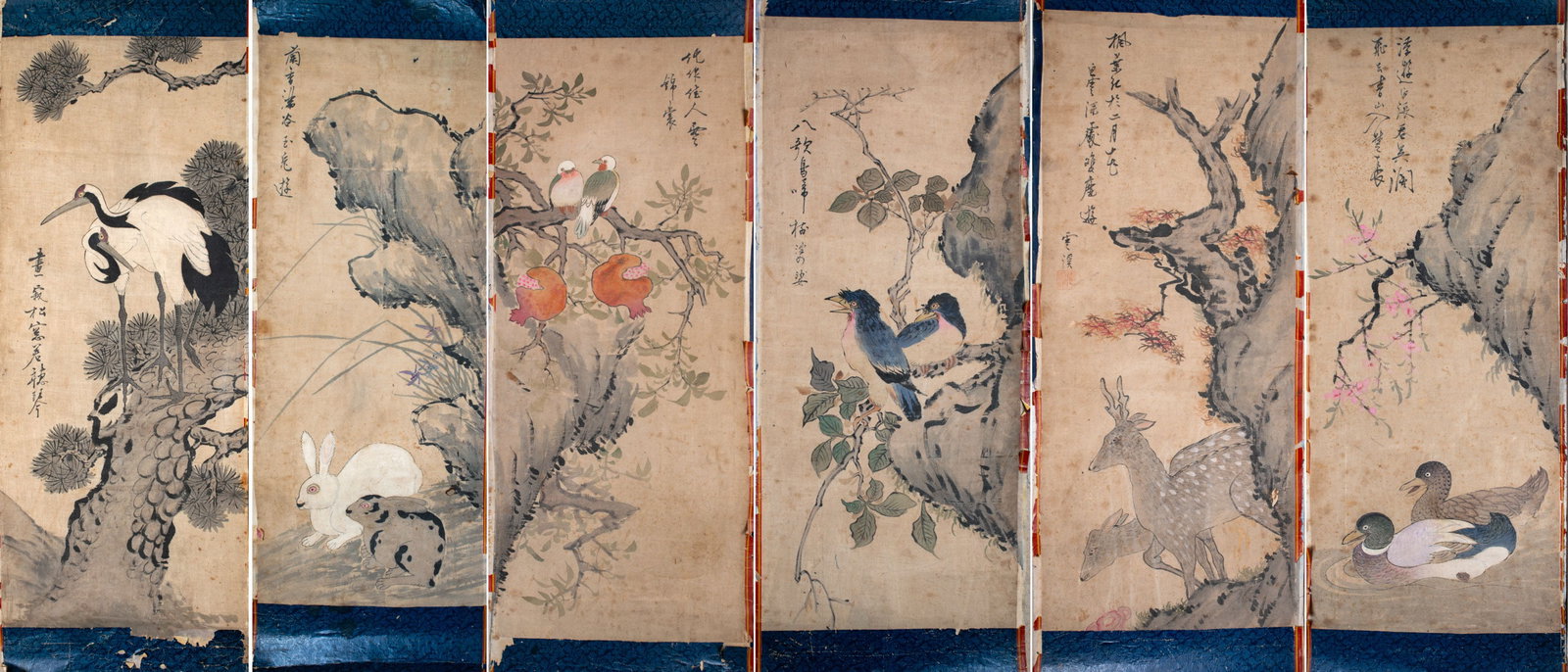 Six Silk Korean (?) Panels, 19th Century: Six Silk Korean (?) Panels, 19th Century Silk laid down on thick paper Each signed. Each panel: 36 x 64 cm Condition: For a detailed condition report, please contact us at info@hammersit