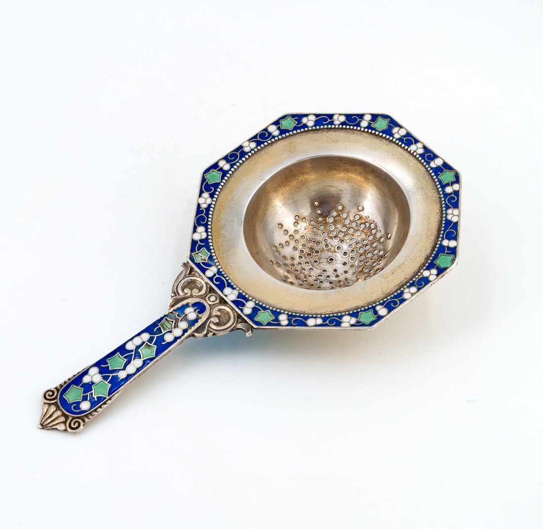 A Sterling Silver and Polychrome Enamel Cloisonne Tea Strainer, (1 of 3)