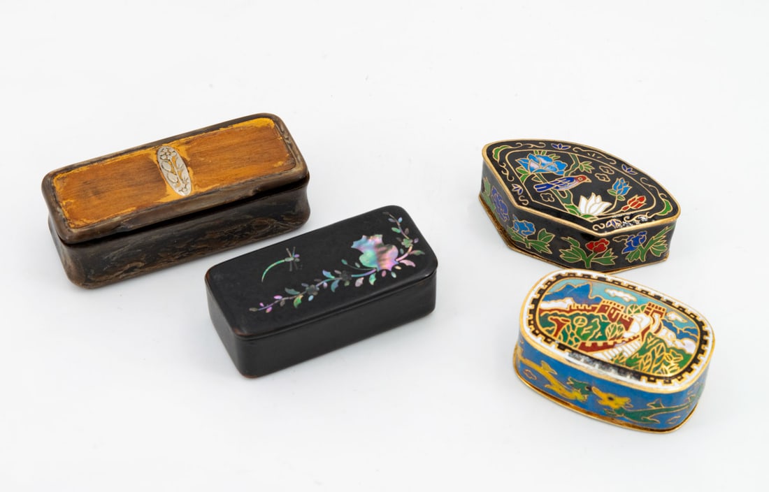 A Mixed Lot of Four Antique Pill Boxes: A Mixed Lot of Four Antique Pill Boxes Including: 1. An 18th Century Continental wood and silver snuff box. Dimensions: 7.5 x 3 cm 2. An ebonized wood and mother of pearl pill box. Dimensions: 6 x 2.5
