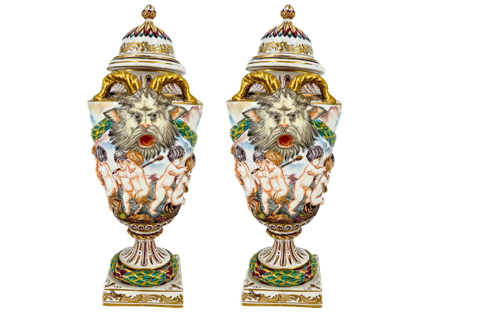 Pair of Lidded Porcelain Compote Dishes in the Capodimonte Style, Decorated with Fauns, Cherubs, and: Magnificent Decorative Pieces in Rococo Style, crafted from hand-painted porcelain. These lidded vases are richly adorned with figures of putti, fauns, and Bacchus—classic symbols of festivity a