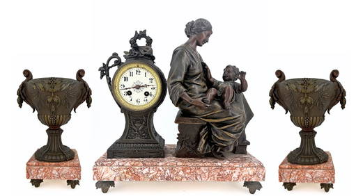 Antique French Garniture Set from the 19th Century, Including an Antique Mantel Clock and Two Vases (1 of 11)