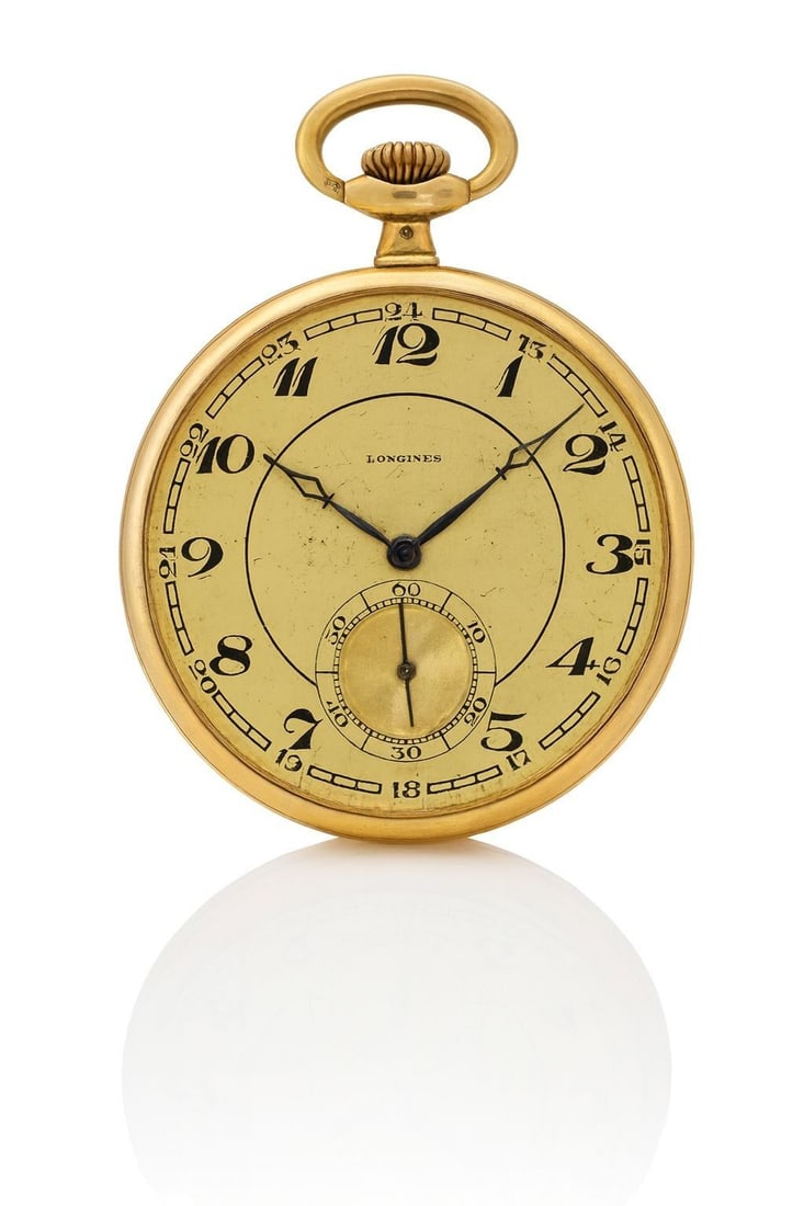 Longines pocket watch, 1927, serial no. 4768349, winner of nine Grands Prix.: Longines pocket watch, 1927, serial no. 4768349, winner of nine Grands Prix. 14K gold case 1927 Diameter: 4.8 cm Weight: 57.4 g