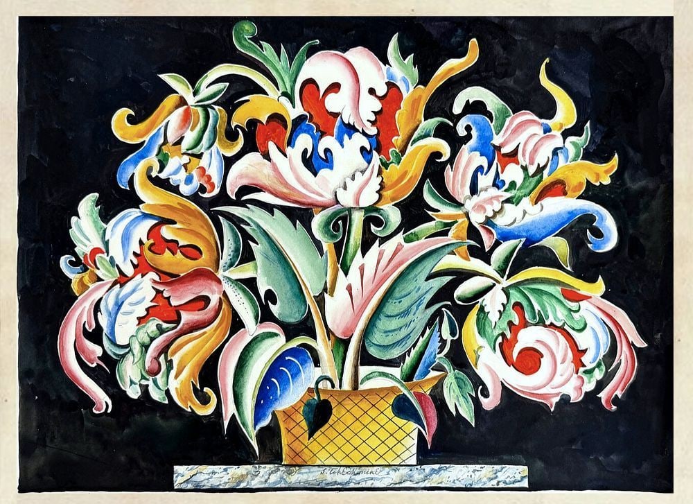 Sergei Chekhonin (1878-1936), Decorative Floral Composition: Sergei Chekhonin (1878-1936), Decorative Floral Composition Gouache on paper Signed lower center Dimensions:56 x 42 cm Provenance: Esther Markish, Russia; Lev Krashevsky, Tel Aviv;