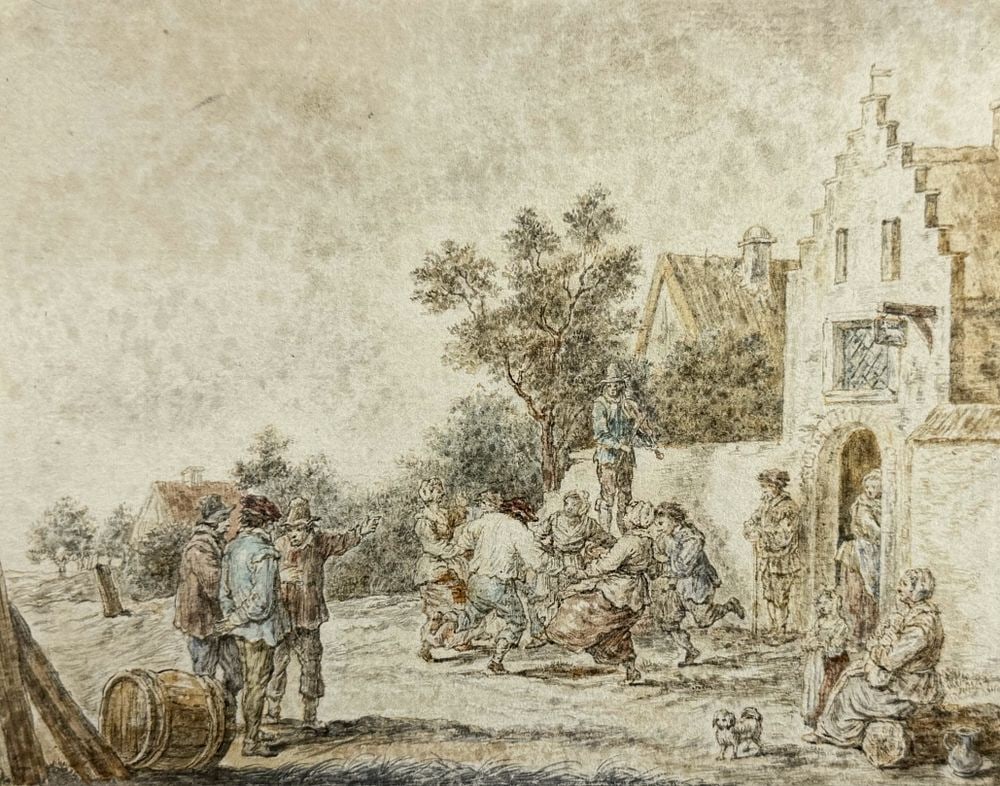 Attributed to David Teniers the Younger (1610-1690) Village Scene with Peasants: Attributed to David Teniers the Younger (1610-1690)Village Scene with Peasants Ink and wash on paper Signed on the reverse Dimensions:21 x 16.5 cm Provenance: Private collection of