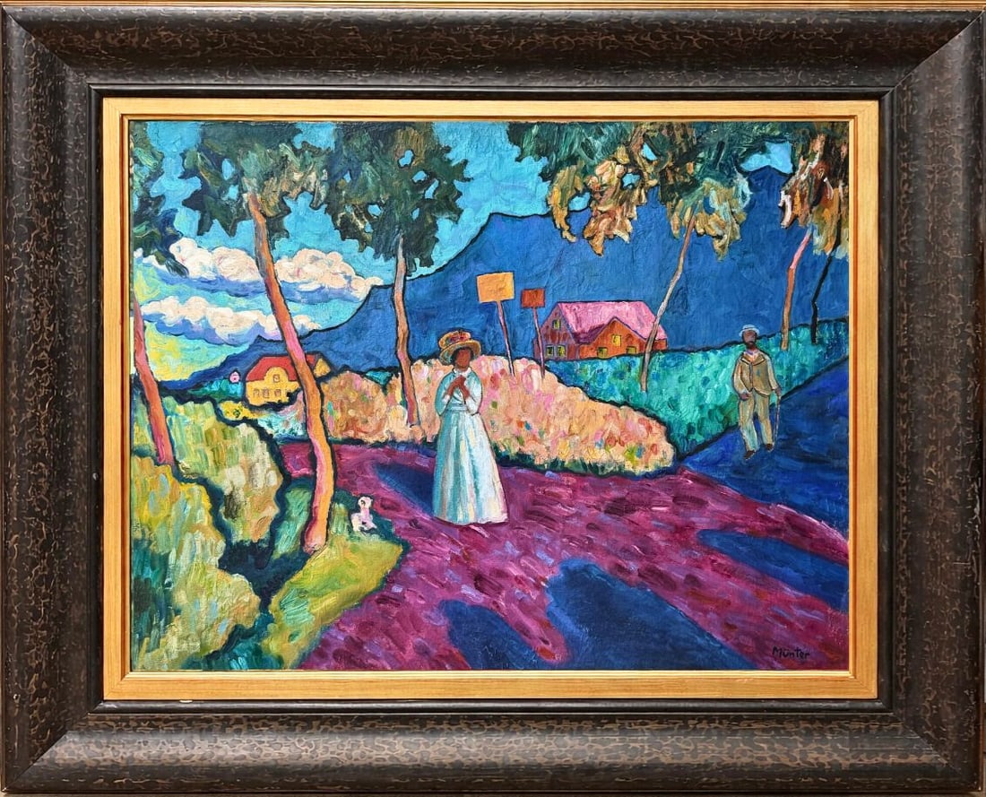 Gabriele Munter (1877-1962), Landscape with Figures: Gabriele Munter (1877-1962), Landscape with Figures Oil on canvas Signed lower right Dimensions (including frame):121.5 x 101.5cm Dimensions (excluding frame) :95.5 x 76 cm