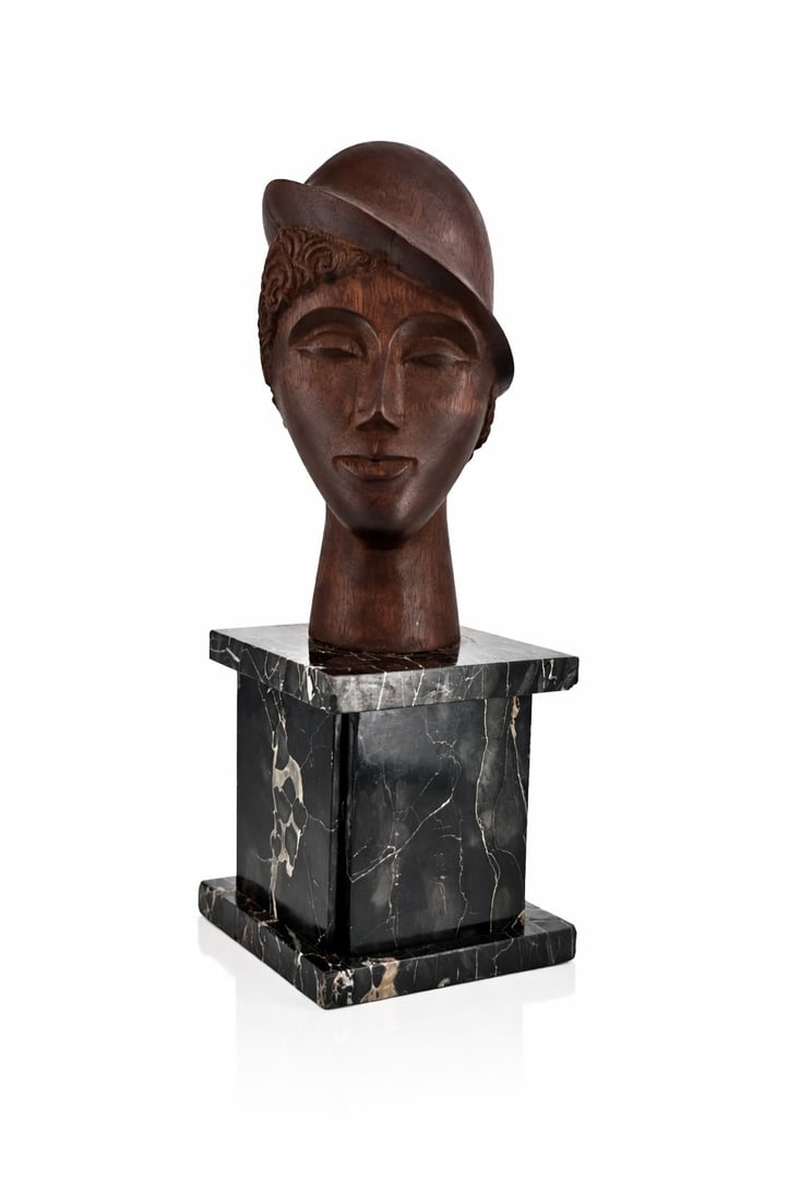 Elie Nadelman (1882-1946), Art Deco Female Head: Elie Nadelman (1882-1946), Art Deco Female Head Carved wood Base: Marble pedestal Signature at the lower edge Height (including the marble base): 64 cm