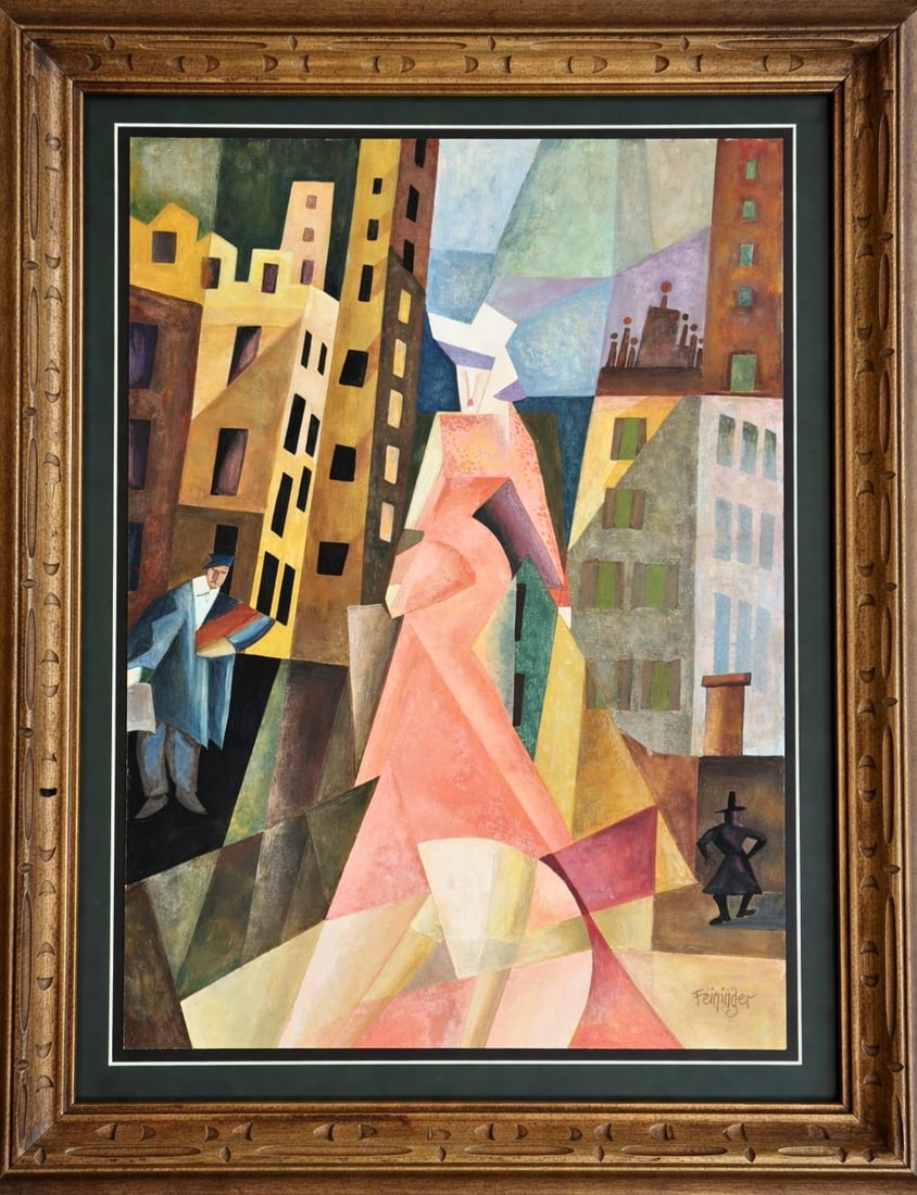 Signed Lyonel Feininger (1871-1956) "Urban Cubist Composition with Figures" signed and attributed (1 of 4)