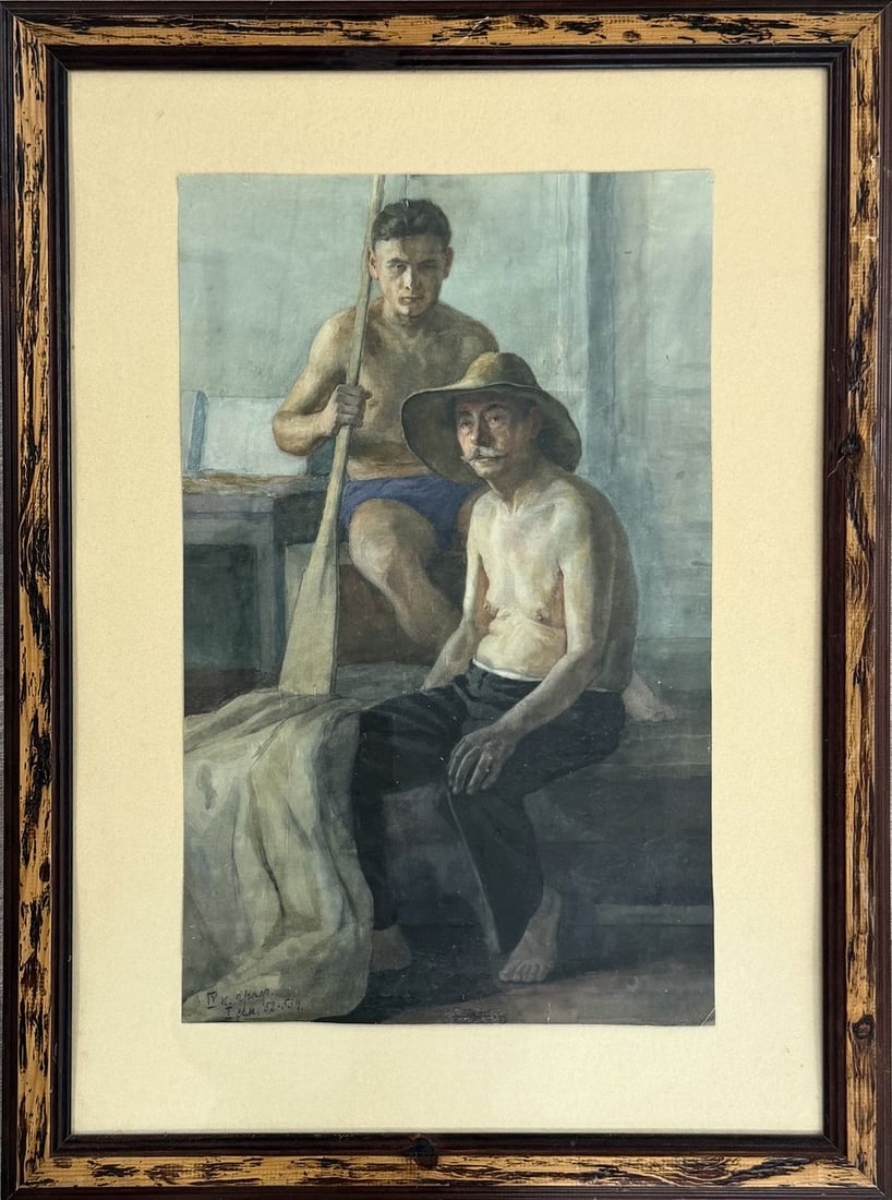 Unknown Artist, Fishermen: Unknown Artist, Fishermen Watercolor on paper Signed lower left Dimensions (including frame):77.5x 58 cm Dimensions (excluding frame): 55.5x34cm