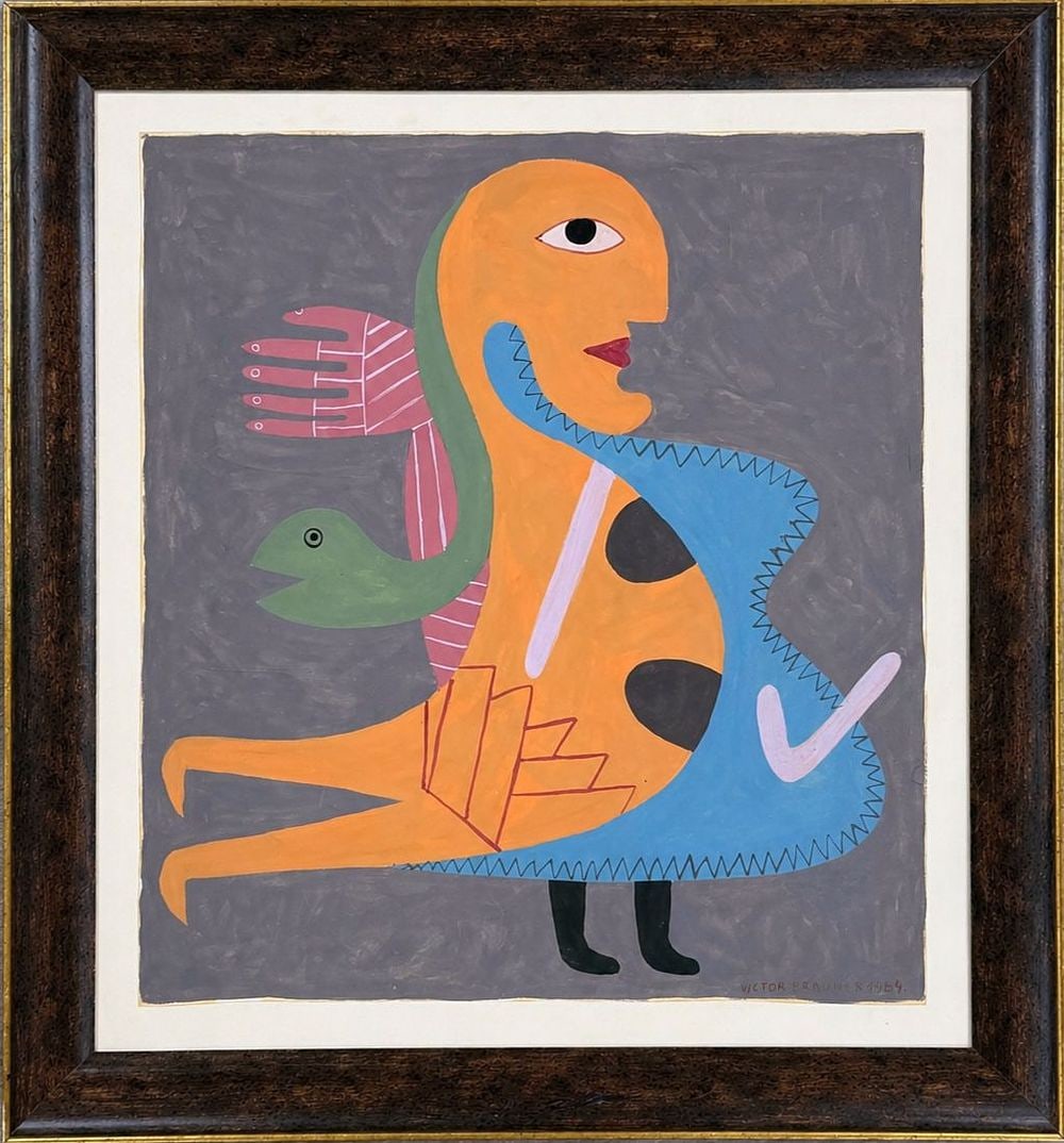 Victor Brauner (1903-1966), Surrealist Figure with Bird and Snake: Gouache and tempera on paper 1964 Signed and dated 1964 lower right Dimensions (including frame): 66 x 7