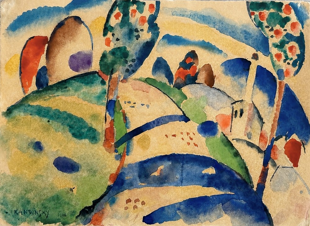 Wassily Kandinsky (1866-1944), Landscape with Houses: Gouache and watercolor on paper Signed and dated 1908 lower left Dimensions:21.5 x 28.5 cm Provenance: the collection of Olivia Amar (Estate of Omer Albert), inherited from