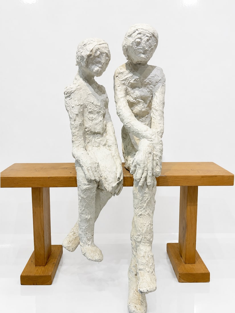 Richard Bilan (b. 1946), Figures on a Bench: Bronze on wooden bench Signed Dimensions: Height: 100 cm Length: 91 cm Depth: 50 cm