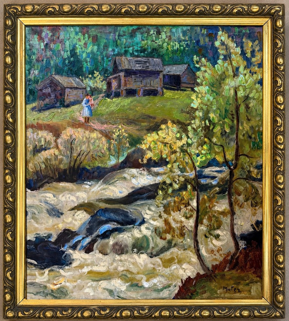 Gabriele M??nter (1877-1962), Mountain Stream Landscape: Oil on canvas Signed lower right Dimensions (including frame): 57.5 x 64.5 cm Dimensions (excluding frame): 49 x 56 cm
