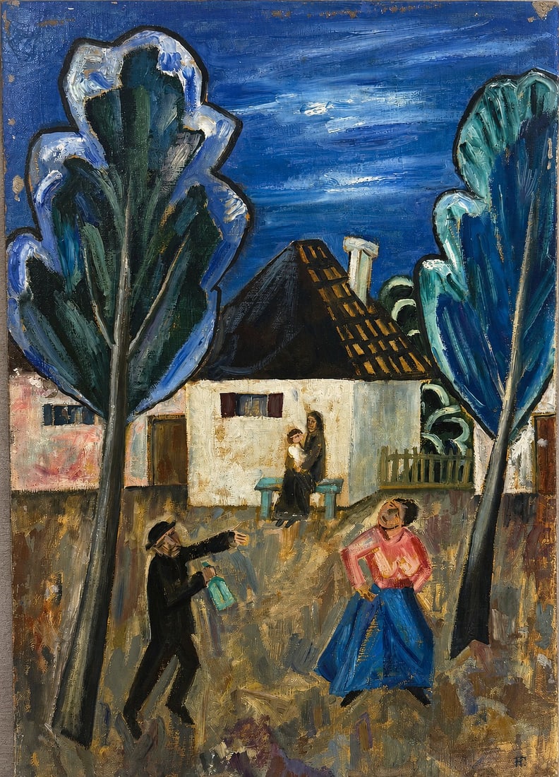 Natalia Goncharova (1881-1962) Village Scene with Figures and Trees: Oil on canvas Signed lower right Dimensions: 46 x 66 cm Provenance: Private collection of Joseph Katzenberg (b. 1901, Lithuania), owner of an art gallery established together wit