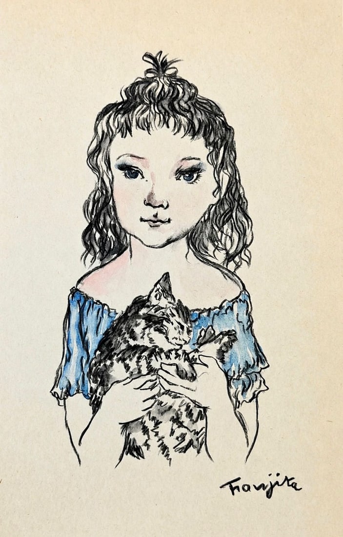 Leonard Tsuguharu Foujita (1886â€“1968), Girl with a Kitten: Ink and watercolor on paper Signed lower right Dimensions:15.5 x 23.5cm Provenance: Purchased directly from the artist by Mr. Henri Dauberville, his father, owner of the Bernheim