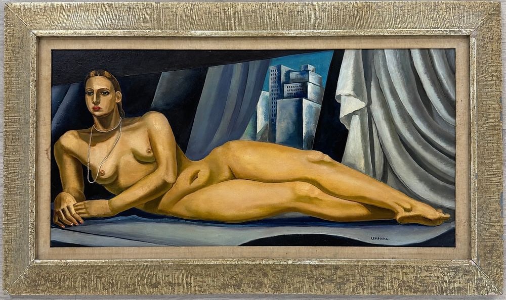 Tamara de Lempicka (1898â€“1980), Reclining Female Figure: Oil on canvas Signed lower right Dimensions (including frame): 55 x 93 cm Dimensions (excluding frame): 38.5 x 76cm