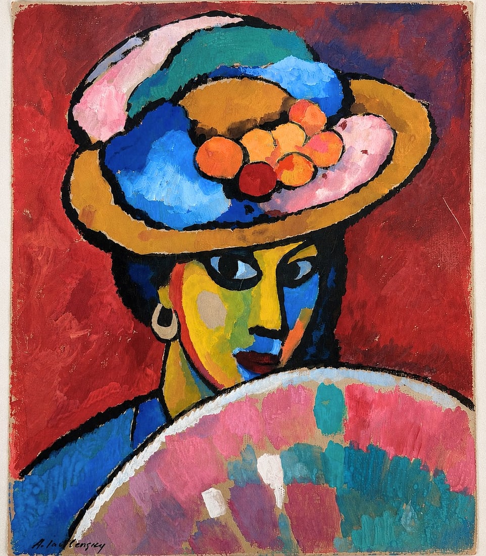 Alexej von Jawlensky (1864â€“1941) Woman with Floral Hat: Gouache on paper Signed lower left Dimensions:23.5 x 43cm Provenance: Private collection of Joseph Katzenberg (b. 1901, Lithuania), owner of an art gallery established together w