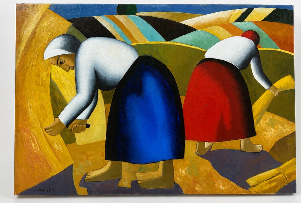 Kazimir Malevich (1879-1935), Harvesters in the Field: Oil on canvas Signed lower left Dimensions :55 x 81cm Provenance:Transferred directly from the artist to Mr. Perl through Wladyslaw Strzeminski. Accompanied by a letter dated 192
