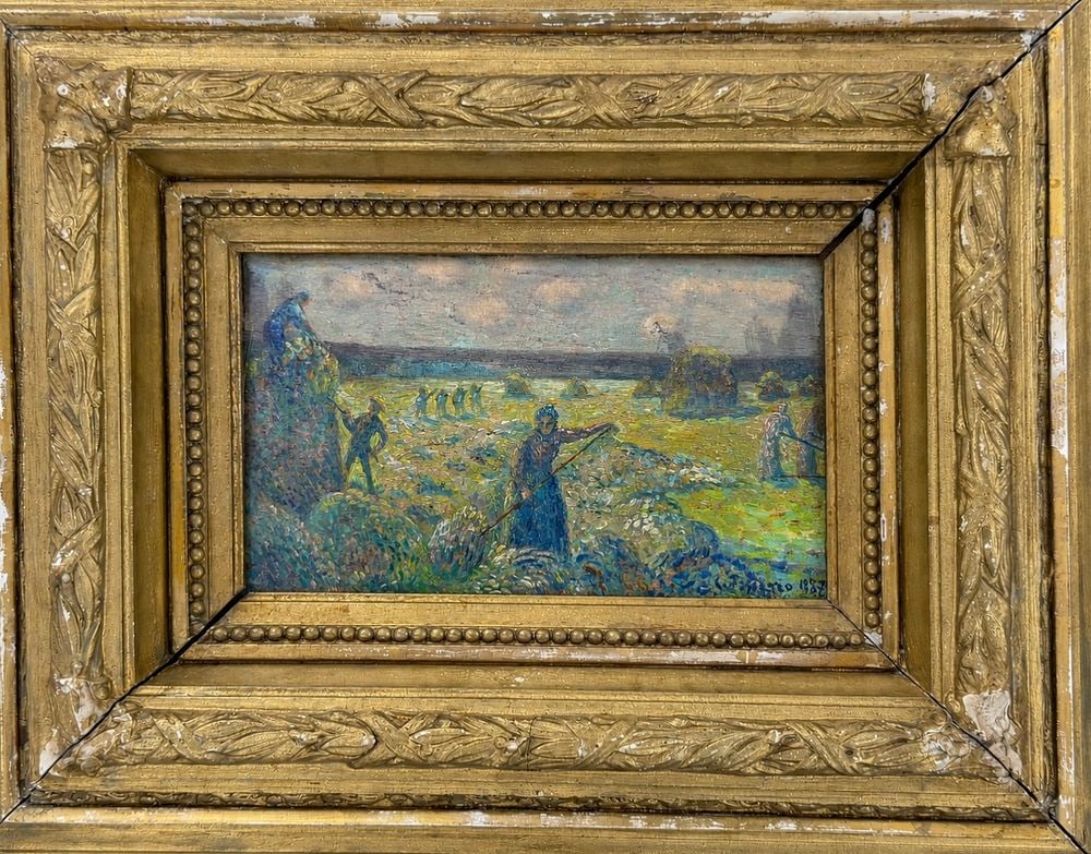 Attributed to Camille Pissarro (1830-1903), Harvesters in a Field: Oil on canvas Signed and dated l 1887 lower right Dimensions (including frame):33.5 x 42 cm Dimensions (excluding frame): 14.5 x 23.5 cm