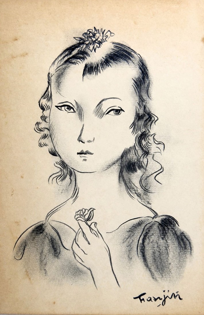 Leonard Tsuguharu Foujita (1886â€“1968), Portrait of a Young Woman: Ink on paper Signed lower right Dimensions:15 x 23.5 cm Provenance: Purchased directly from the artist by Mr. Henri Dauberville, his father, owner of the Bernheim Gallery. There