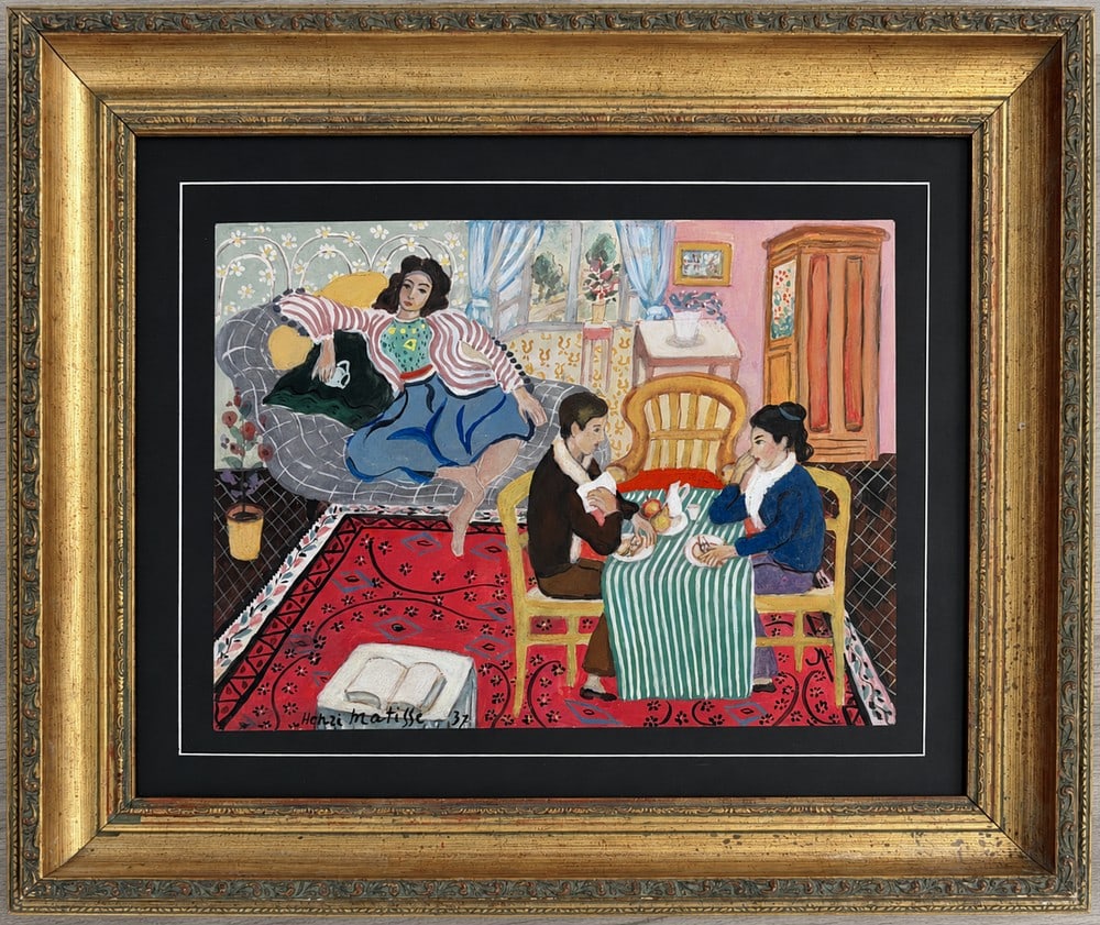 Henri Matisse (1869-1954), Interior Scene with Seated Figures, 1937: Mixed media on paper Signed and dated 37 lower center Dimensions (including frame):44 x 52 cm Dimensions (excluding frame): 24 x32 cm
