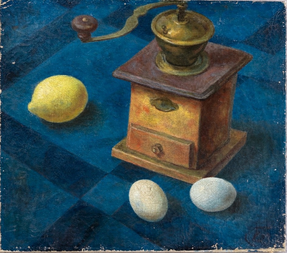 Kuzma Petrov Vodkin (1878-1939), Still Life with Coffee Grinder and Lemon: Oil on canvas Signature: Signed lower right inscribed and dated verso â€?May 22, 1915â€? Dimensions : 40 x 35.5 cm Provenance: Private collection of Joseph Katzenberg (b. 1901,