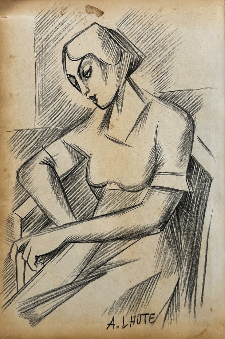 Andre Lhote (1885â€“1962), Seated Female Figure: Ink and pencil on paper Signed lower center Dimensions : 15.5 x 23.5 cm Provenance: Purchased directly from the artist by Mr. Henri Dauberville, his father, owner of the Bernheim Gallery. There is an