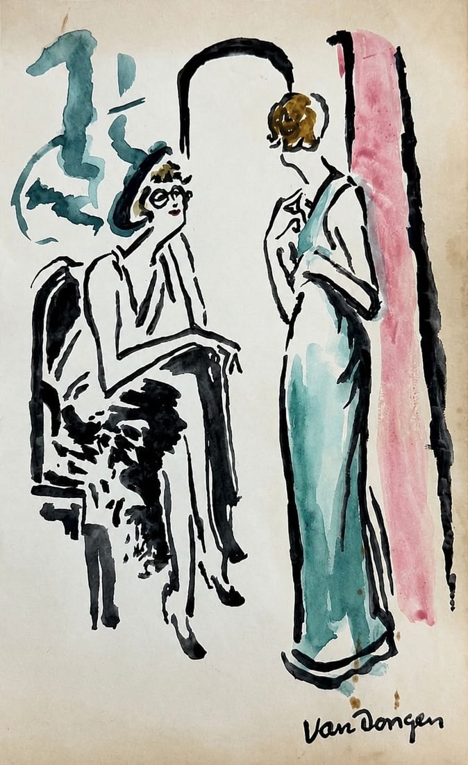 Kees van Dongen (1877-1968), Elegant Ladies: Watercolor and ink on paper Signed lower right Dimensions : 14.5 x 23 cm Provenance: Purchased directly from the artist by Mr. Henri Dauberville, his father, owner of the Bernheim Gallery. There is
