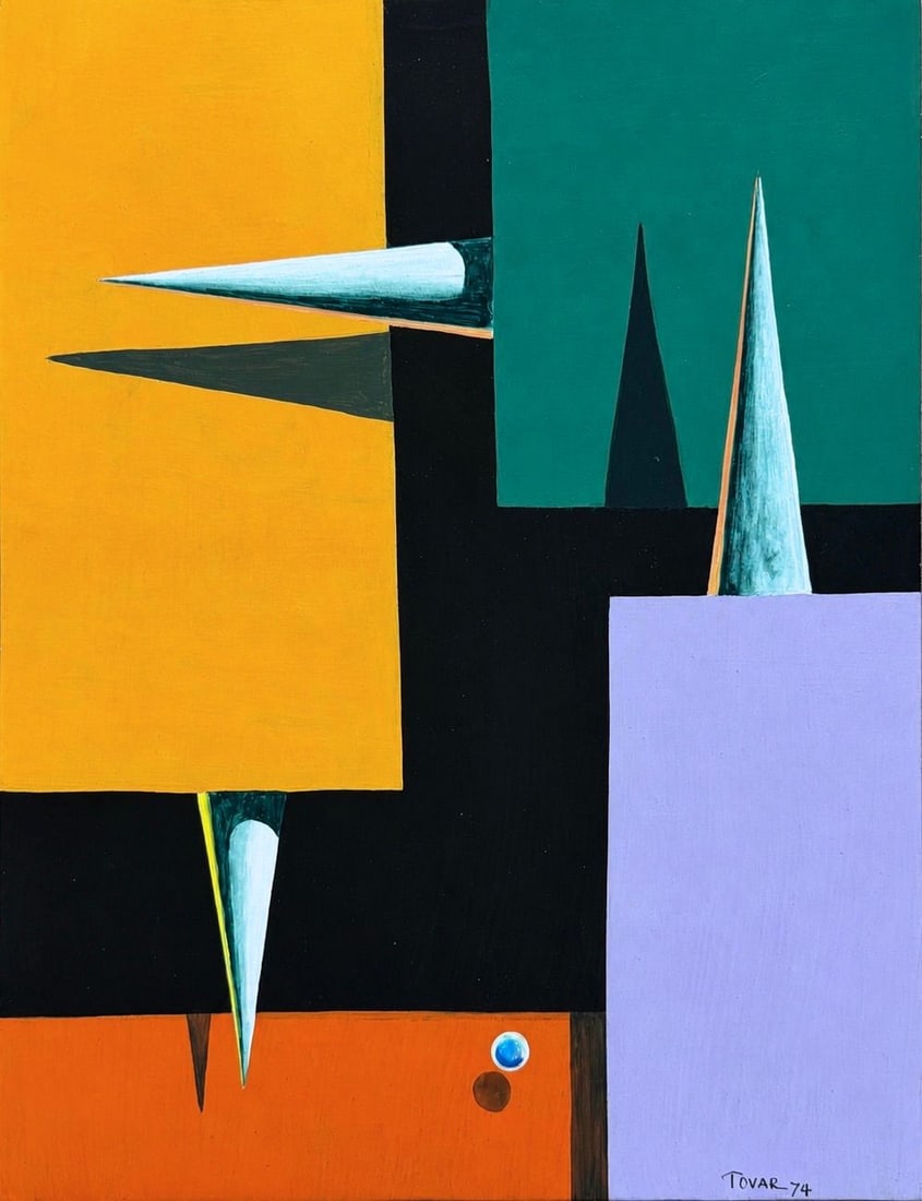 Tovar, Abstract Geometric Composition, 1974: Mixed media on paper Signed and dated 74 lower right Dimensions:23 x 30 cm Provenance: Private collection of Jean-Philippe Ghaen, France Condition: For a detailed condition report, please