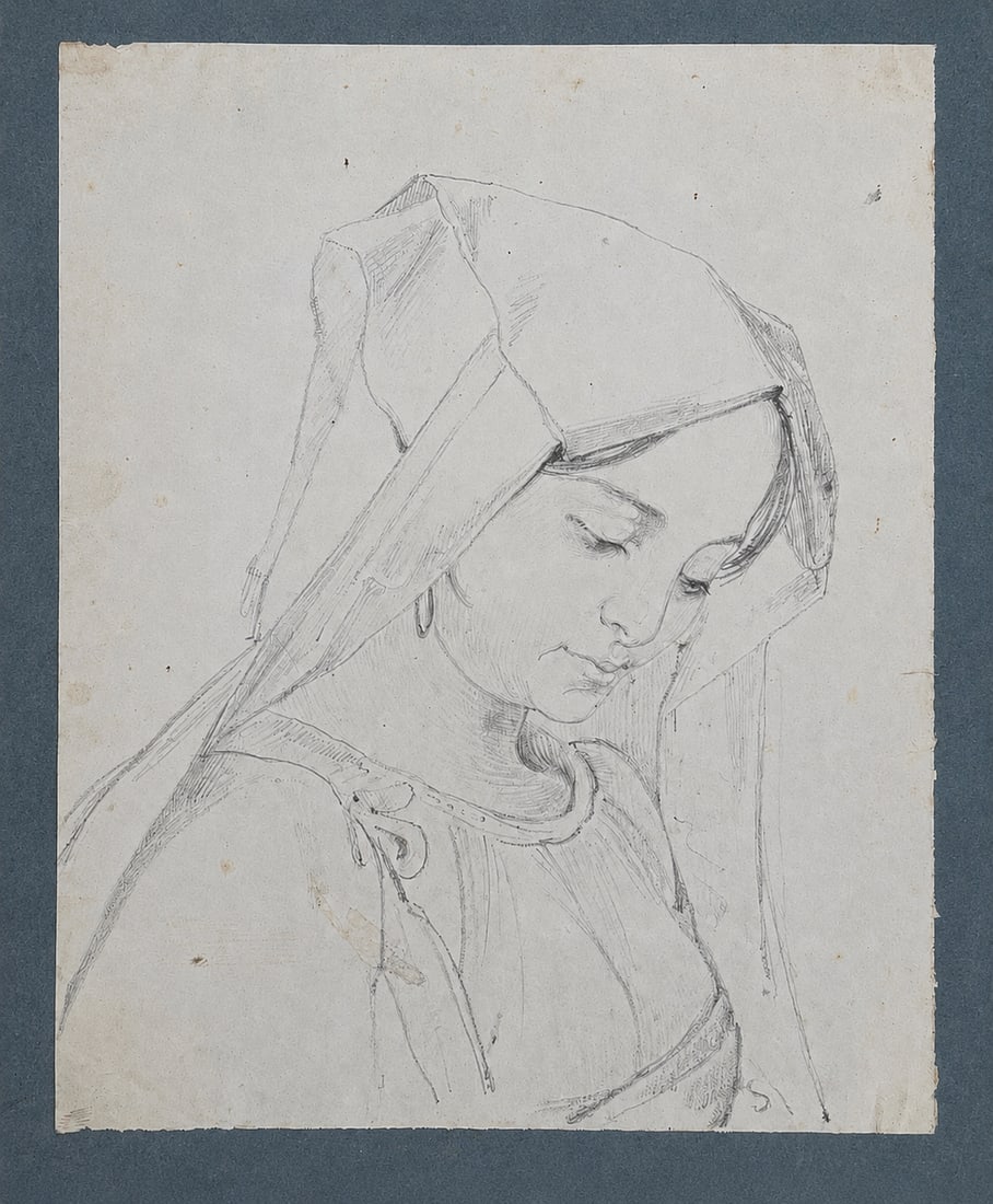 Jean Victor Schnetz (1787-1870), Young Woman in a Headscarf: Jean Victor Schnetz (1787-1870), Young Woman in a Headscarf Pencil on paper Dimensions: 15.5 × 19 cm Unsigned Provenance: Private collection of Jean-Philippe Ghaen, France