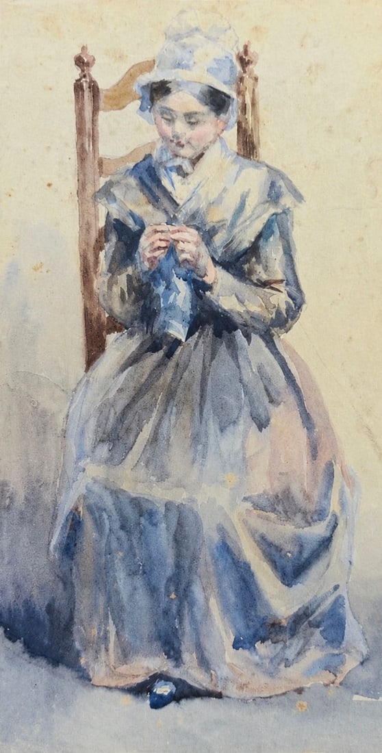 Eugene Boudin (1824-1898), Young Girl Sewing: Eugene Boudin (1824-1898), Young Girl Sewing Watercolor on paper Dimensions: 13.2 × 25 cm Inscribed on the reverse Provenance: Private collection of Jean-Philippe Ghaen, Franc