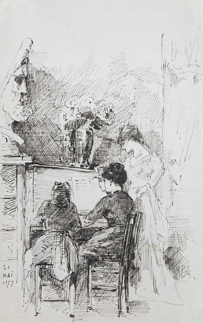 Jean Edouard Vuillard (1868-1940), Women Gathered Around a Piano: Jean Edouard Vuillard (1868-1940), Women Gathered Around a Piano Ink on paper Dimensions: 13.2 × 20.7 cm Inscribed on the reverse Provenance: Private collection of Jean-Philip