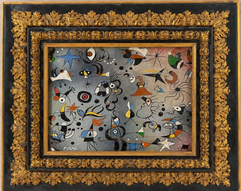 Attributed to Joan Miro (1893-1983), Surrealist Composition: Attributed to Joan Miro (1893-1983), Surrealist Composition Oil on wood Dimensions (excluding frame): 19.5 × 25.5 cm Dimensions (including frame): 45 × 50 cm Signed and dated on the r