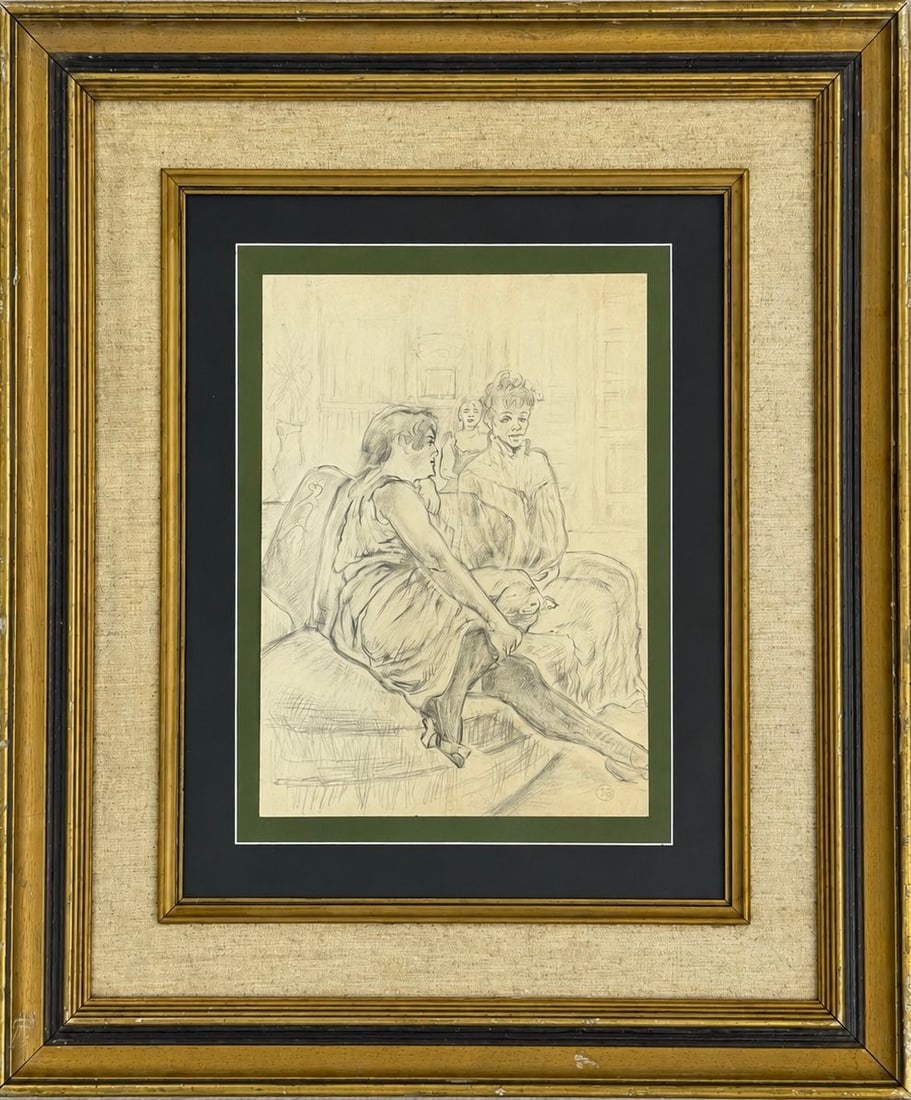Henri de Toulouse-Lautrec (1864-1901), Parisian Salon Scene: Henri de Toulouse-Lautrec (1864-1901), Parisian Salon Scene Pencil on paper Dimensions (excluding frame): 25.4 × 34.5 cm Dimensions (including frame): 57.5 × 68 cm Signed lower right<
