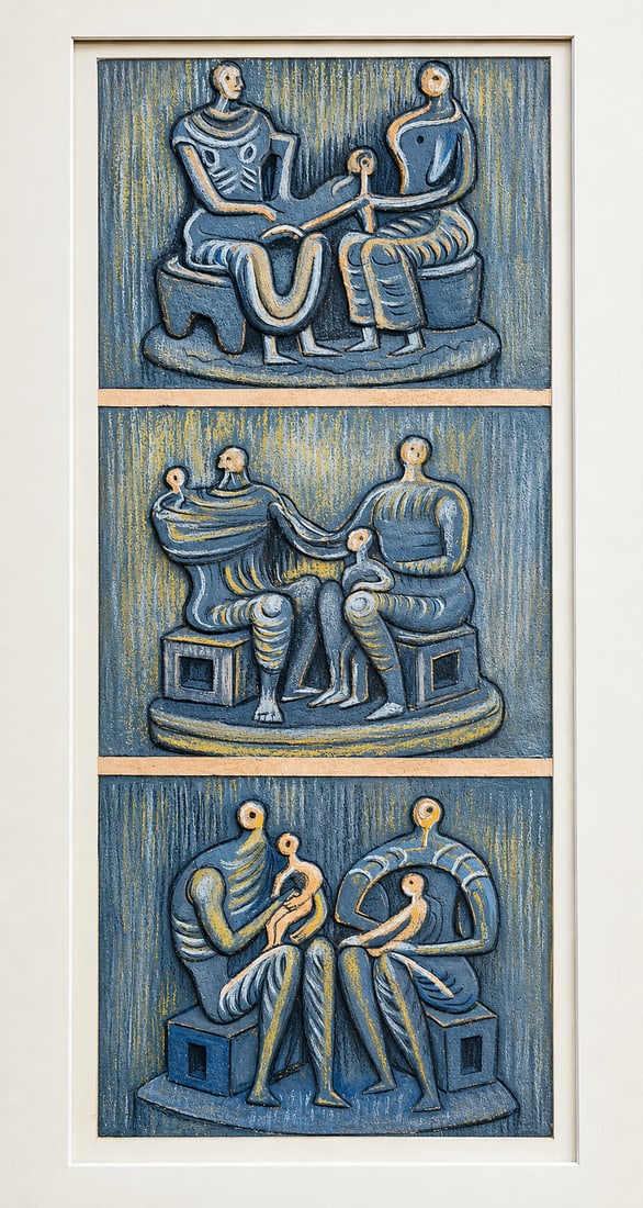 Henry Moore (1898-1986), Three Family Groups: Henry Moore (1898-1986), Three Family Groups Gouache on paper Dimensions (excluding frame): 15 × 33 cm Dimensions (including frame): 45 × 56 cm Signed and dated lower right