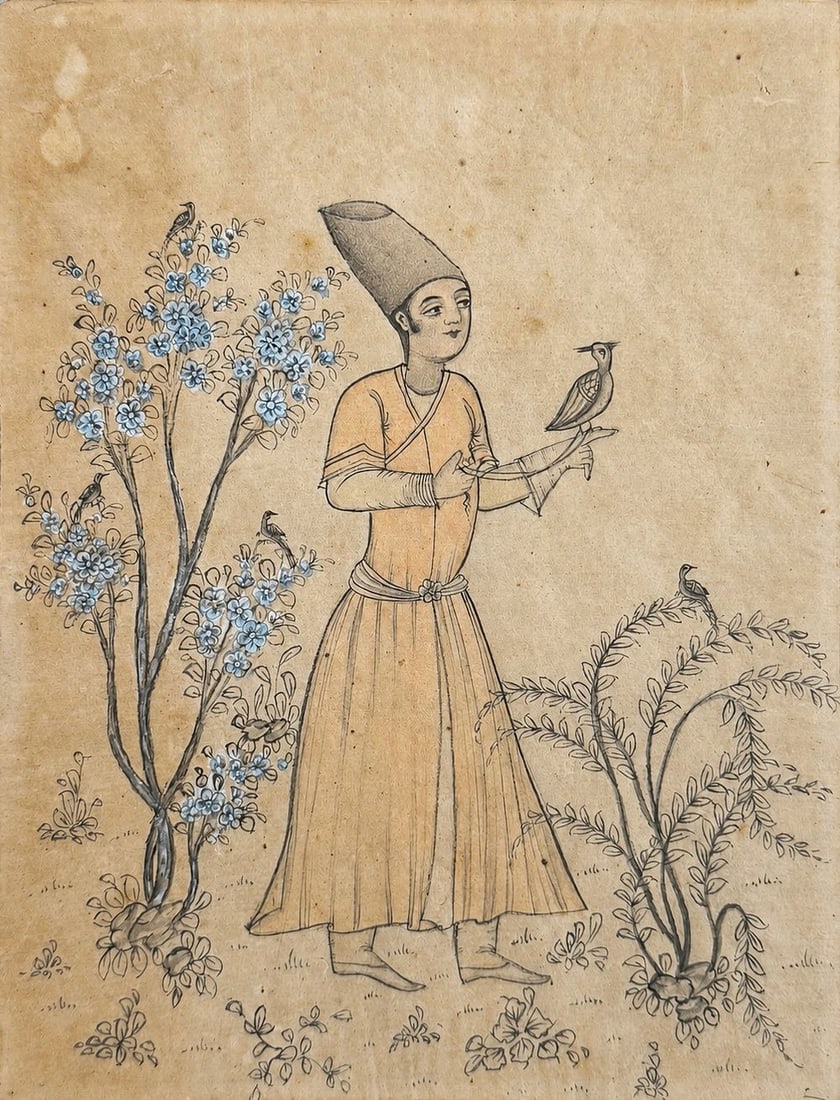 Qajar School, c.1785 Courtier with Birds in a Garden: Qajar School, c.1785Courtier with Birds in a Garden Ink and watercolor on paper Dimensions: 12.5 × 16.2 cm Inscribed on the reverse Provenance: Private collection of Jean-Phil