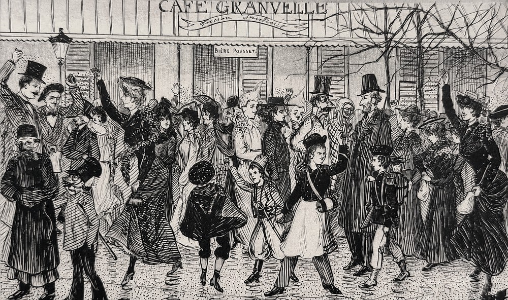 Henri de Toulouse-Lautrec (1864-1901), Carnival Crowd in Front of Cafe Granvelle: Henri de Toulouse-Lautrec (1864-1901), Carnival Crowd in Front of Cafe Granvelle Ink on paper Inscribed on the reverse Dimensions: 10.5 × 17.4 cm Provenance: Private collectio