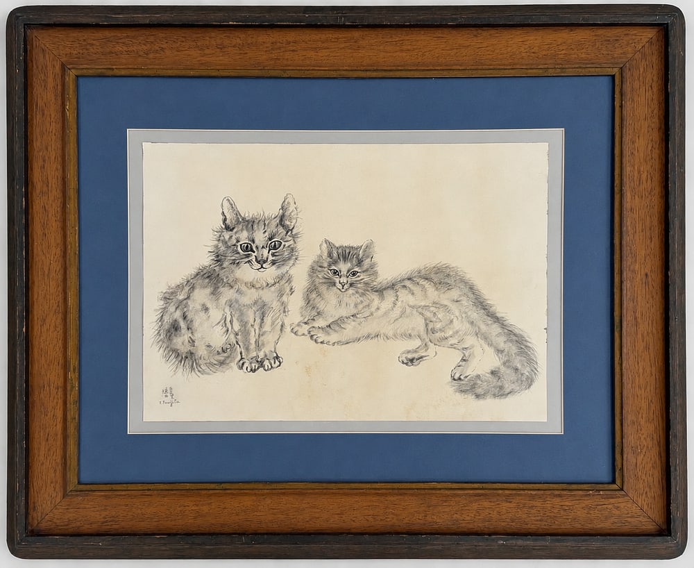 Tsuguharu Foujita (1886-1968), Two Cats: Tsuguharu Foujita (1886-1968), Two Cats Ink and watercolor on paper Signed lower left Dimensions (including frame): 75 × 60 cm Dimensions (excluding frame): 32 &tim