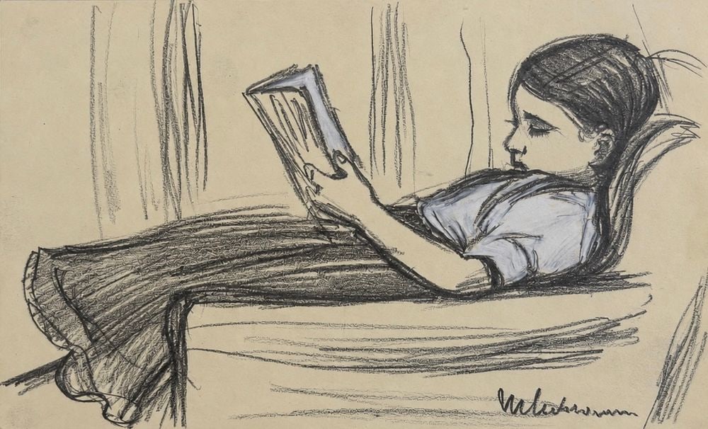 Max Liebermann (1847-1935), Girl Reading: Max Liebermann (1847-1935), Girl Reading Charcoal and pencil on paper Signed lower right Dimensions: 21.4 × 12.9 cm Provenance: Private Collect