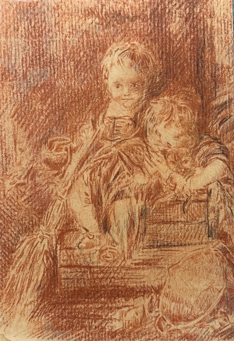 Attributed to Francois Boucher (1703-1770), Two Children Seated on a Rustic Bench: Attributed to Francois Boucher (1703-1770), Two Children Seated on a Rustic Bench Chalk on Paper Inscribed on the reverse Dimensions: 19.5 × 13.5 cm <