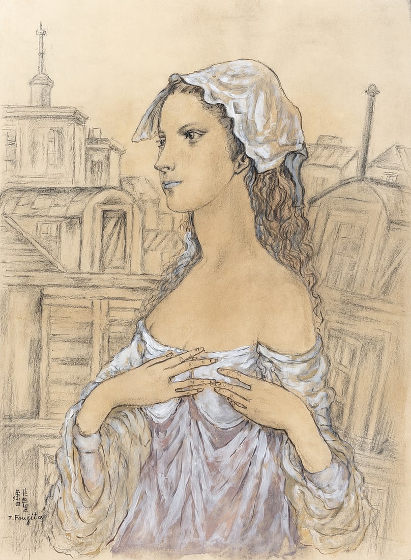 Tsuguharu Foujita (1886-1968), Young Woman on a Rooftop Terrace (1 of 3)