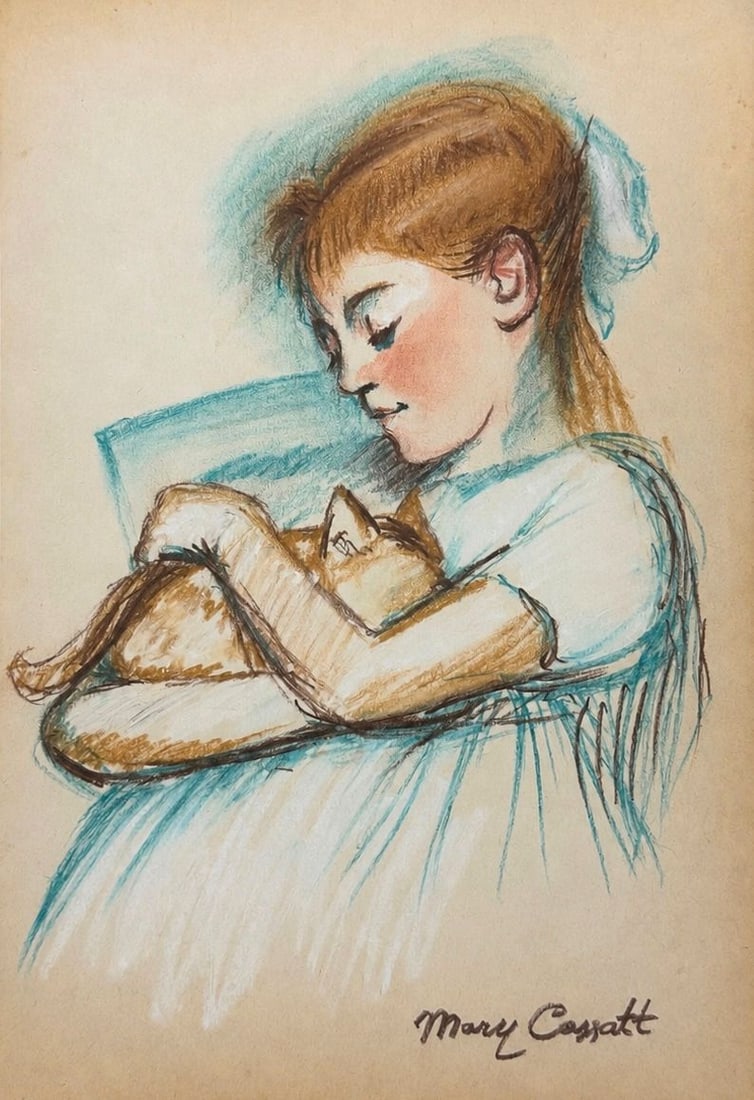 Mary Cassatt (1844-1926), Girl with a Cat: Mary Cassatt (1844-1926), Girl with a Cat Pastel on paper Signed lower right Dimensions: 23.3 × 16 cm Provenance: Purchased directly from the artist in Paris. Su
