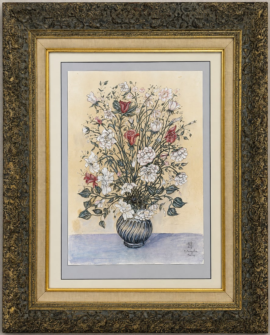 Tsuguharu Foujita (1886-1968), Bouquet of Flowers in a Vase: Tsuguharu Foujita (1886-1968), Bouquet of Flowers in a Vase Watercolor and ink on paper Signed and dated lower right Dimensions (including frame): 67 × 57.5 cm Dime